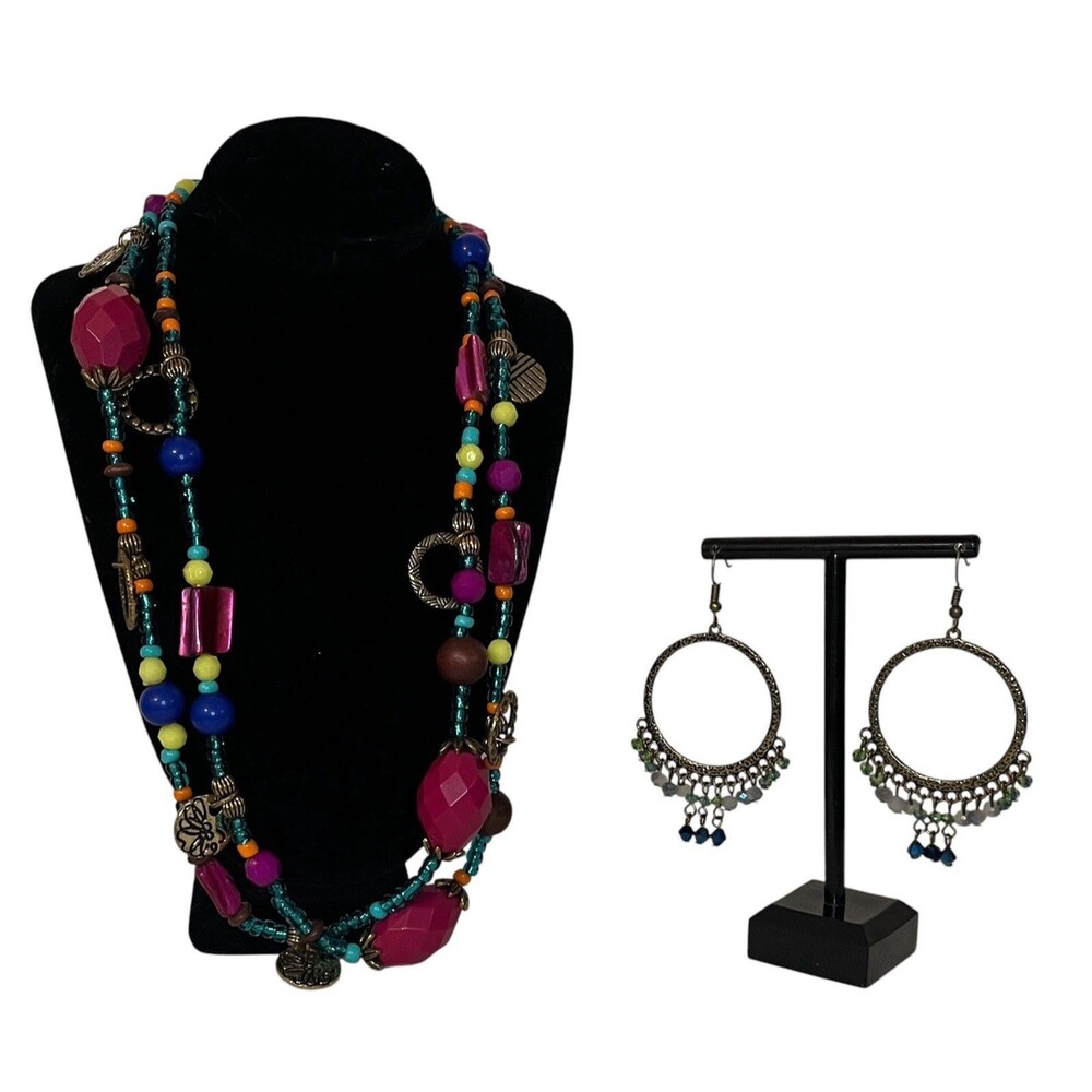 Boho Beach Necklace Earrings Pair Blue Green Fuchsia Convertible Statement